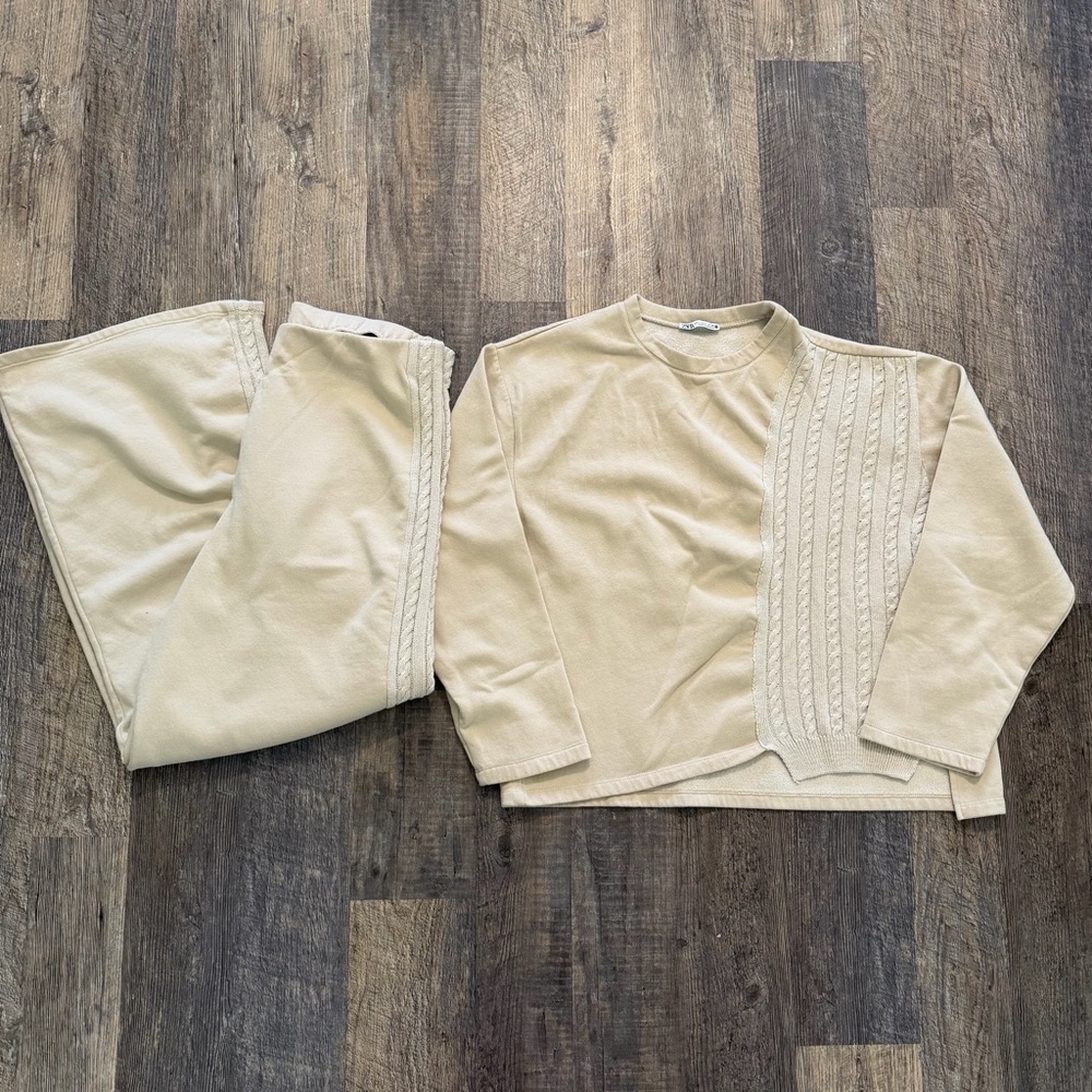 Zara Women’s Beige Cream Sweater Sweatpants Cable Knit Set Baggy Wide Leg